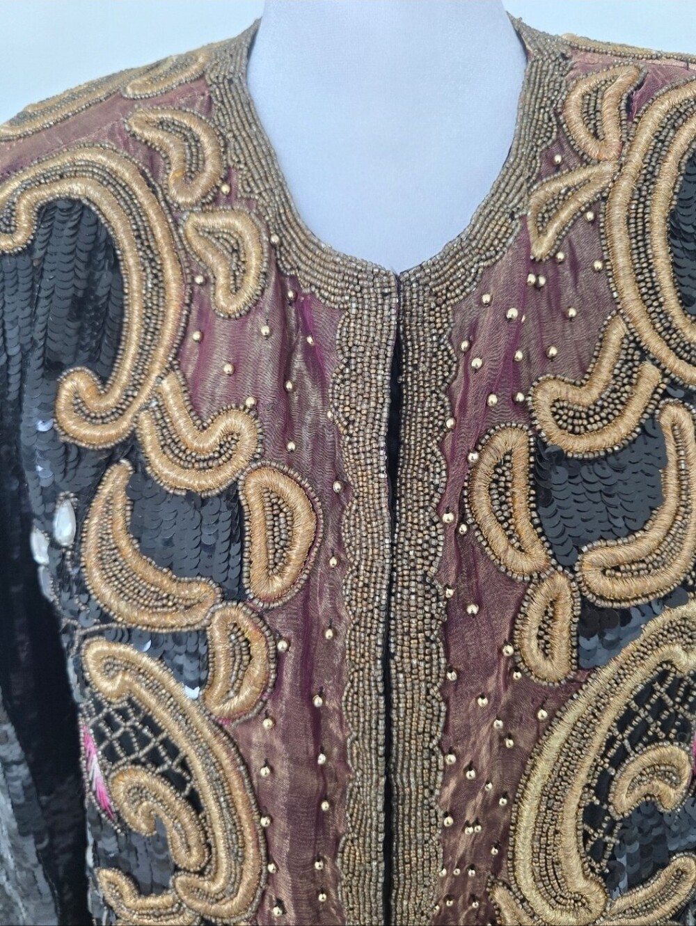 Vintage Laurence Kazar Sequin & Beaded Blazer Silk Evening Jacket M - Picture 4 of 13